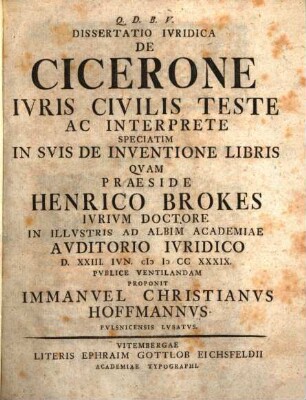 Dissertatio Ivridica De Cicerone Ivris Civilis Teste Ac Interprete Speciatim In Svis De Inventione Libris