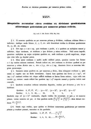 XXXV. Disquisitio accuratior circa residua ex divisione quadratorum altiorumque potestatum per numeros primos relicta.