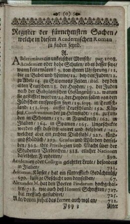 Register der fürnehmsten Sachen/ welche in diesem Academischen Roman zu finden seynd.