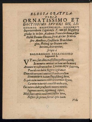 Elegia Gratulatioria Ornatissimo Et Doctissimo Iuveni Dn. Leonharto Krentzheimio ...