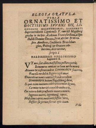 Elegia Gratulatioria Ornatissimo Et Doctissimo Iuveni Dn. Leonharto Krentzheimio ...