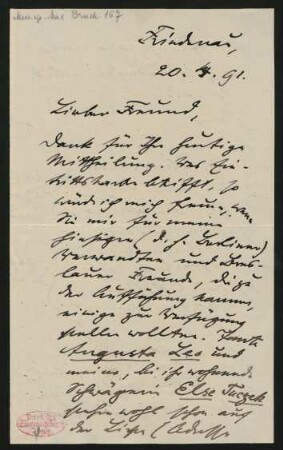 Brief an Philipp Spitta : 20.04.1891