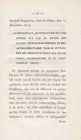Aanmerkingen, betrekkelijk het bijzonder nut van de kennis der kleine veldverschansingen en het ...