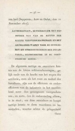 Aanmerkingen, betrekkelijk het bijzonder nut van de kennis der kleine veldverschansingen en het ...