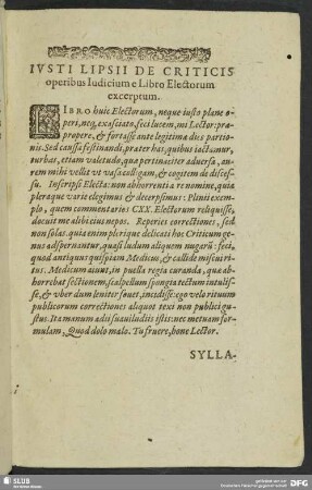 Iusti Lipsii De Criticis operibus Iudicium e Libro Electorum excerptum