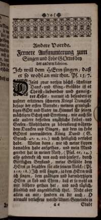 Andere Vorrde. Fernere Aufmunterung zum Singen und Lobe Gottes bey der andern Edition.