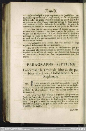 Paragraphe Septiéme Concernant le Droit de faire & de publier de Loix, Ordonnances & Reglemens