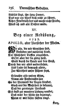 XV. Bey einer Redübung, 1737. Apollo, oder Vorsteher der Musen.