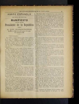 Manifiesto que el Senor Presidente de la Republica dirige a los Hondurenos.