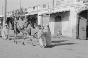 Reisefotos Marokko. Straßenbild mit Kamelführer (wahrscheinlich in Casablanca)