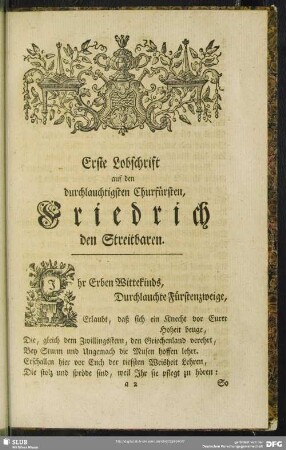 Erste Lobschrift auf den durchlauchtigsten Churfürsten, Friedrich den Streitbaren : [In der Michaelsmesse 1744. abgelesen]