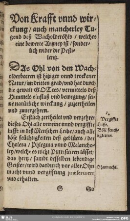 Von Krafft unnd wirckung, auch mancherley Tugend deß Wacholderöhls, welches eine bewerte Artzney ist, sonderlich wider die Pestilentz