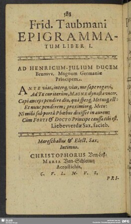 Frid. Taubmani Epigrammatum Liber I.