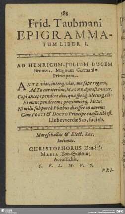 Frid. Taubmani Epigrammatum Liber I.
