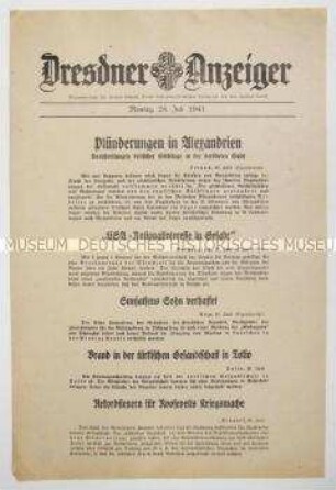 Nachrichtenblatt "Dresdner Anzeiger" u.a. zu den Folgen der Bombardierung Alexandriens