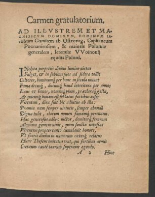 Carmen gratulatorium. Ad Illustrem Et Magnificum Dominum, Dominum Iacobum Comitem ab Ostrorog ...