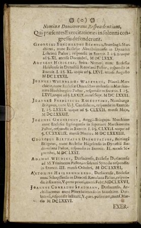 Nomina Dominorum Respondentium, Qui præsentes Exercitationes in solenni congressu desenderunt.