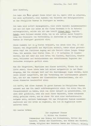 Brief Pieter Bleeker an die Königliche Naturaliensammlung