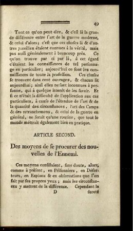 Article second. Des moyens de le procurer des nouvelles de l'Ennemi.