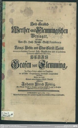 Bey dem Hoch-Gräflich-Werther- und Flemmingischen Beylager, ... Wollte ... Seinen ... Glück-Wunsch abstatten