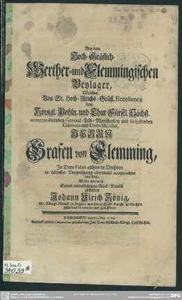 Bey dem Hoch-Gräflich-Werther- und Flemmingischen Beylager, ... Wollte ... Seinen ... Glück-Wunsch abstatten