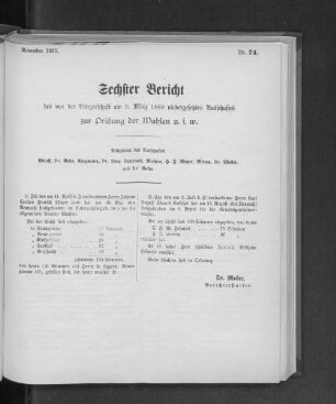 Nr. 74. Sechster Bericht des von der Bürgerschaft am 5. März 1889 niedergesetzten Ausschusses zur Prüfung der Wahlen u.s.w.
