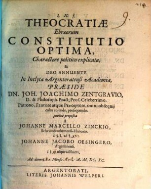 Theocratiae Ebraeorum constitutio optima, charactere politico explicata