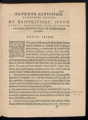 Favente Altissimo ... De Respiratione: Iuventute Et Senectute, Vita Et Morte, è doctrina Aristotelis exscripta, et ad disquirendum proposita.