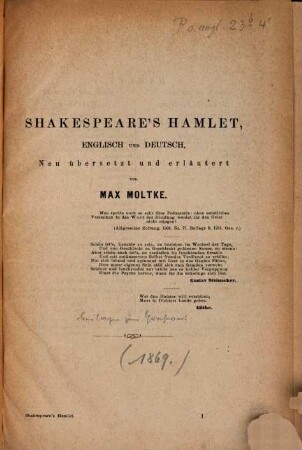 Shakespeare's Hamlet, english und deutsch : Neu übersetzt und erläutert von Max Moltke