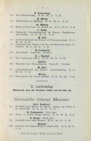 II. Auctionstag. Mittwoch, den 20. October 1886 von 10 Uhr ab. Gemälde älterer Meister