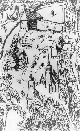 Bautzen. Große Mühle (Mitte links), Ausschnitt aus: Stadtplan von Bautzen 1709, Repro
