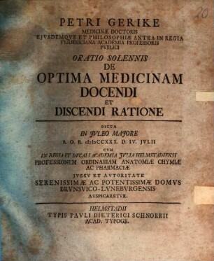 Oratio solennis de optima medicinam docendi et discendi ratione