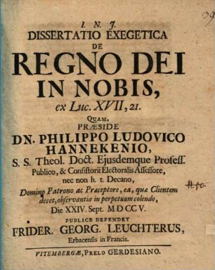 Dissertatio Exegetica De Regno Dei In Nobis : ex Luc. XVII,21.