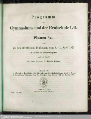 1877/78: Programm des Gymnasiums und der Realschule I. Ordnung zu Plauen