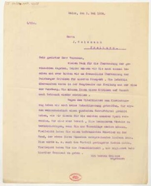 Brief an Julius Weismann : 01.05.1924