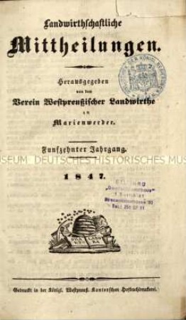 Landwirtschaftliche Mitteilungen. 15. Jg. 1871