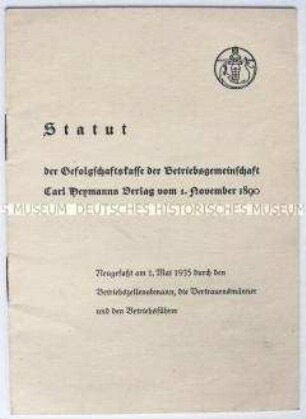 Statut einer Gefolgschaftskasse aus dem Verlagswesen