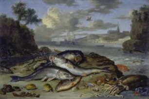 Stillleben mit Fischen und Meeresgetier in einer Küstenlandschaft