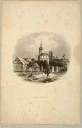 Ortsansicht von Liebertwolkwitz (Leipzig-Liebertwolkwitz) südöstlich von Leipzig mit der Kirche, aus: Ramshorns Leipzig und seine Umgebungen von 1841