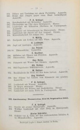 III. Auctionstag: Donnerstag, den 24. September 1885