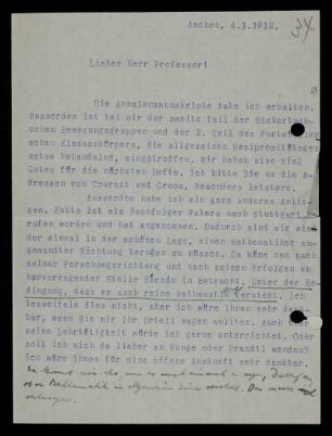 Nr. 34: Brief von Otto Blumenthal an David Hilbert, Aachen, 4.1.1912