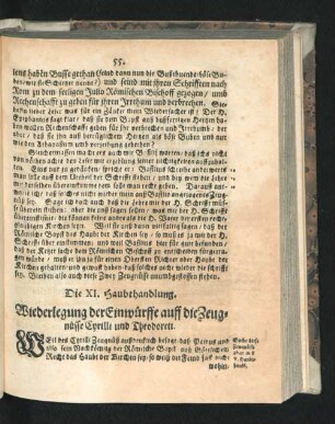 Die XI. Haubthandlung. Wiederlegung der Einwürffe auff die Zeugnüsse Cyrilli und Theodoreti.