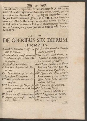 Cap. III. De Operibus sex Dierum. Summaria