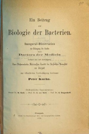 Ein Beitrag zur Biologie der Bacterien : Dorp. Inaug. Diss.
