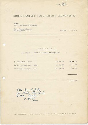 Gsaenger, Gustav; Erlangen - Süd (Bayern); Ev. Matthäus Kirche, Pfarrhaus und Gemeindesaal - Rechnung der Fotografin Sigrid Neubert über Aufnahmen des Kirchenmodells