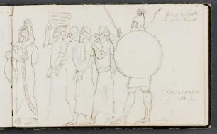 Skizze eines Reliefs mit einem assyrischem Krieger und Tribut leistenden Assyrern vom Palast des Assurbanipal in Ninive