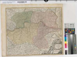 Niederösterreich, Erzherzogtum, Territorium: Archiducatus Austriae Inferioris In omnes suas Quadrantes Ditiones divisi Nova et exacta Tabula / La Basse Autriche, qui se divise en 4 Quartieres, qui sont 1) la superieure Manhardsberg 2) l'inferieure Manhardsberg 3) la superieure Wienerwald 4) l'inferieure Wienerwald. e conatibus Io. Baptistae Homanni Noribergae