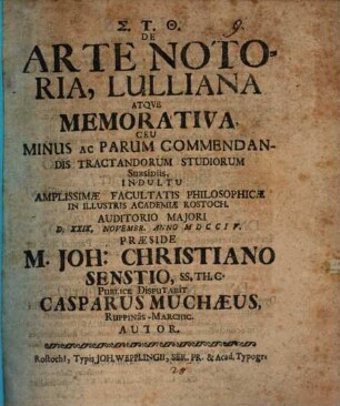 De arte notoria, Lulliana et memorativa ceu minus ac parum commendandis tractandorum studiorum subsidiis