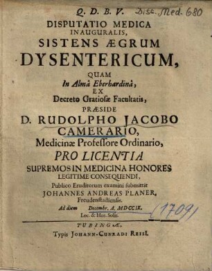 Disputatio Medica Inauguralis, Sistens Aegrum Dysentericum