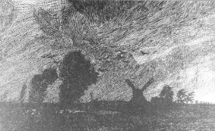 Windmühle im Sturm, Zeichnung von Rudolf Sievers/Braunschweig, aus: Heimatkalender Bad Liebenwerda, 1915